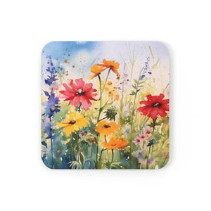 Cork Coaster, Floral Coasters, Watercolor Wildflowers Coasters, Botanical Drink Coasters, Farmhouse Decor, Gift for Nature Lovers