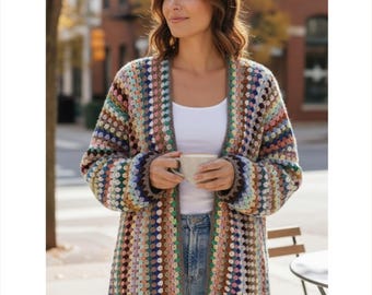Crochet Cardigan Pattern Granny Stitch Long Color Stripe Sweater, Easy PDF download