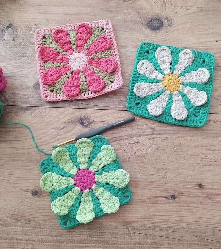 Crochet Pattern Flower 3D Daisy Granny Square Retro Motif (PDF Pattern ...