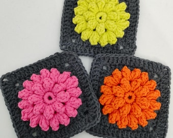 Crochet popcorn 3D flower granny square sunflower pattern PDF instant download