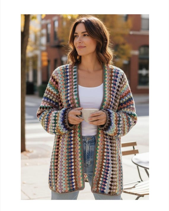 Crochet Cardigan Pattern Granny Stitch Long Color Stripe Sweater, Easy PDF download