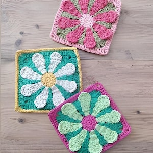 Crochet pattern daisy 3D retro flower granny square crochet pattern easy motif granny square blanket square