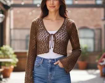 Lace cardigan mesh top crochet pattern cropped summer  shrug PDF download
