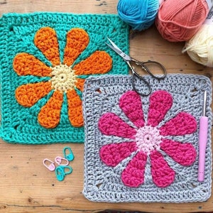 Crochet pattern daisy 3D retro flower granny square crochet pattern easy motif granny square blanket square