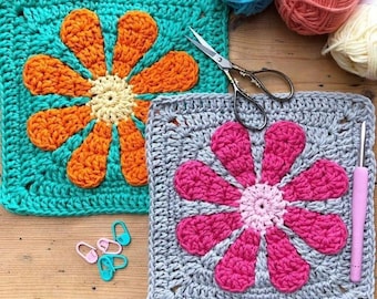 Crochet pattern daisy 3D retro flower granny square crochet pattern easy motif granny square blanket square