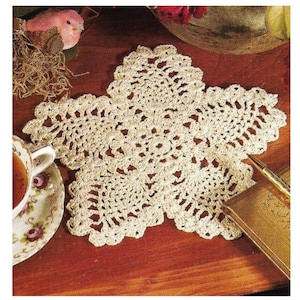 May include: A delicate, off-white crocheted doily with a starburst design. The doily is laid on a wooden table.