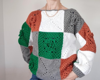 Patrón de suéter de ganchillo con diseño de cuadros de la abuela: Diseño patchwork fácil (Patrón en PDF)