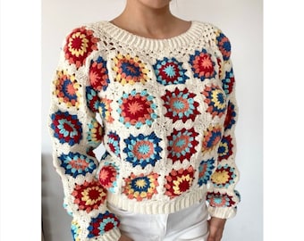 Granny Square Crochet Sweater Pattern: Colorful Crop Top (Size S-3XL)
