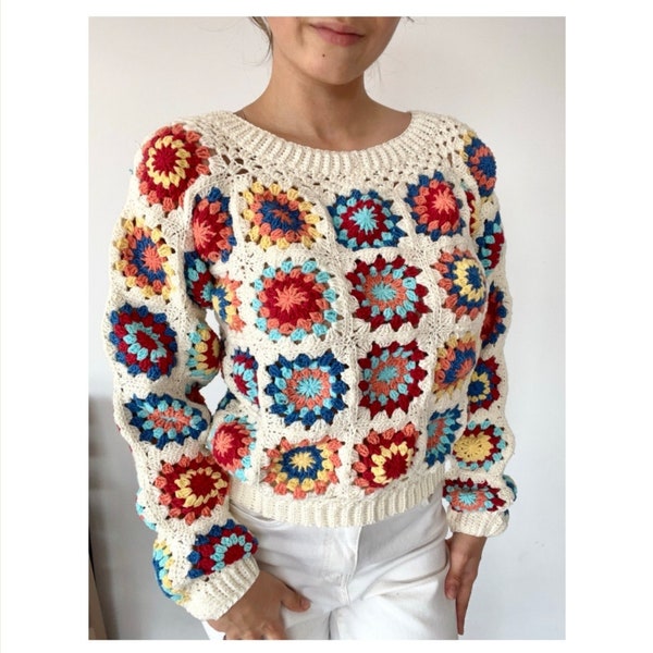 Sweater pattern, granny squares sweater, colour sweater, women size S-3XL