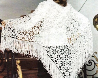 Vintage Crochet Flower Shawl Pattern, Triangle Shoulder Wrap (Instant Download)