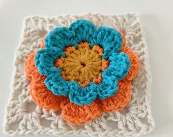 Motivo all'uncinetto quadrato della nonna con fiori 3D: motivo per coperta per principianti (schema PDF) download immediato