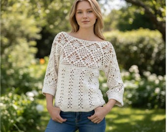 Modello PDF per maglione all'uncinetto con top in pizzo, download immediato.