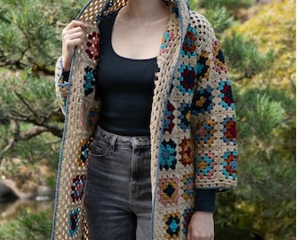 Granny Square Crochet Hoodie Cardigan Pattern, Oversize Long Cardigan (PDF)