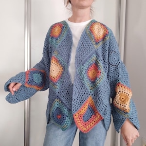 Cárdigan bohemio vertical estilo abuela, patrón fácil de ganchillo cuadrado, talla grande para mujer (PDF)