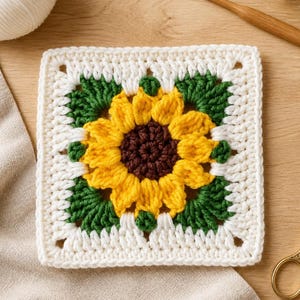 Peut inclure: Une pièce carrée au crochet faite à la main représentant un motif de tournesol. Le tournesol a des pétales jaunes, un centre brun et des feuilles vertes. Le carré est bordé de blanc, avec un aspect texturé, idéal pour une couverture ou un coussin.