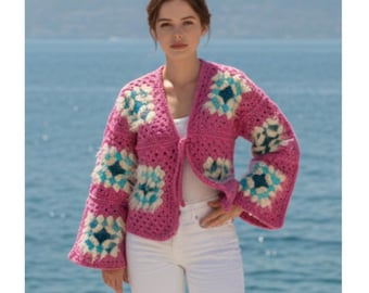 Patrón PDF para principiantes de cárdigan de abuela a crochet, tallas S-3XL, descarga instantánea.
