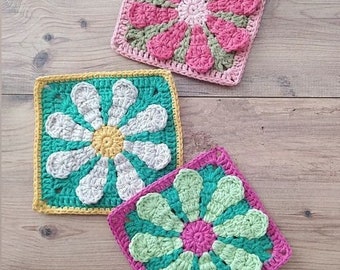 Crochet pattern daisy 3D retro flower granny square crochet pattern easy motif granny square blanket square