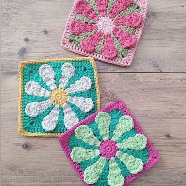 Crochet pattern daisy 3D retro flower granny square crochet pattern easy motif granny square blanket square
