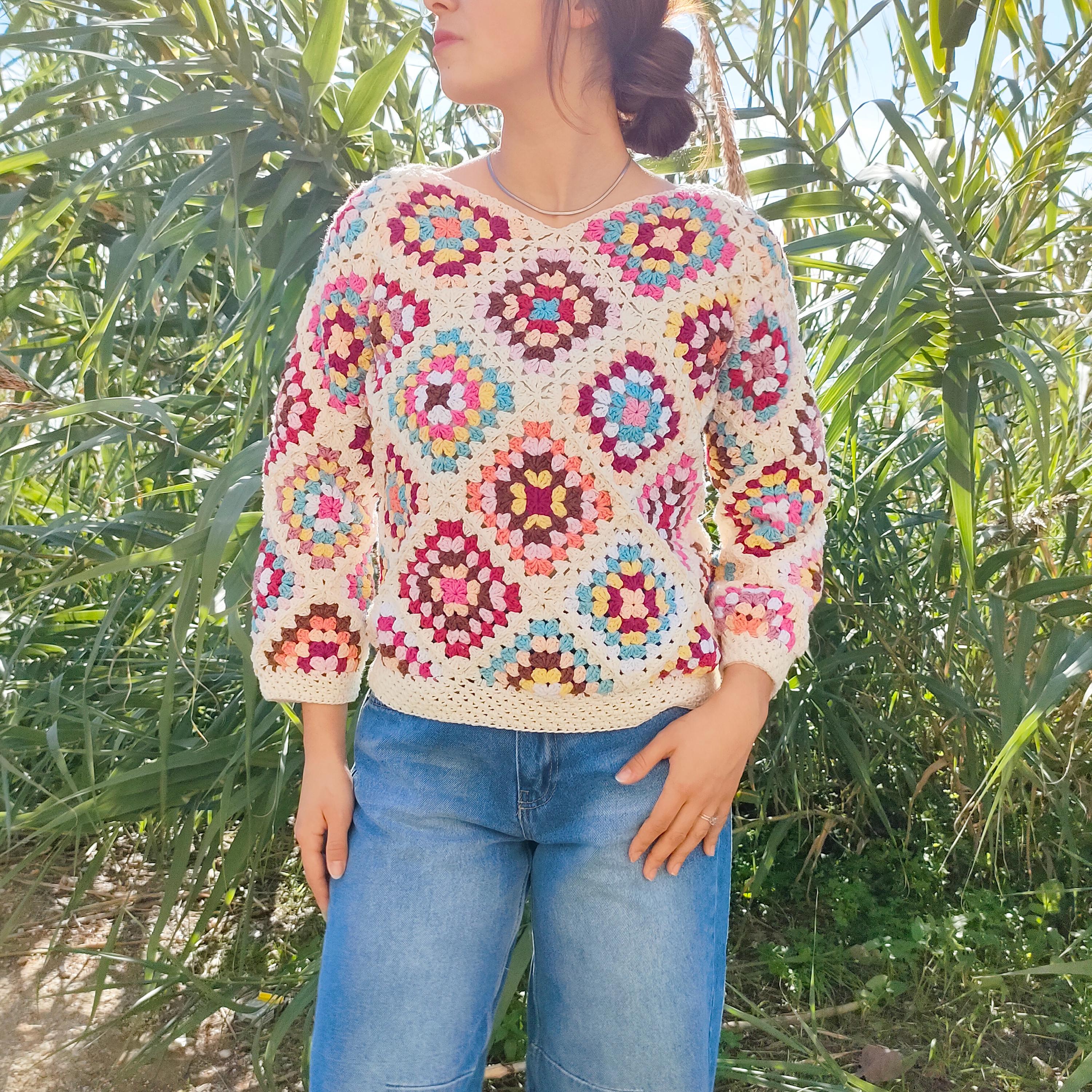 27 Crochet Jumper Patterns with Cowl Necks, Hexies, and Cropped Styles 16 Granny Squares Sweater Pattern