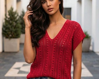Easy V neck crochet top pattern, sleeveless summer cotton blouse women vest PDF