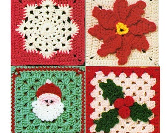 Christmas Granny Square Crochet Pattern, Santa, Snowflake, Holly (PDF Download)