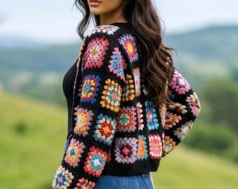 Granny square crochet cardigan pattern boho jacket cropped long sweater tutorial PDF download