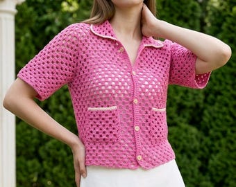 Crochet Shirt Pattern with Granny Stitch Collar and Pocket - DIY Sewing Pattern PDF