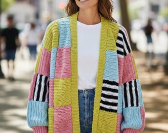 Cardigan patchwork all'uncinetto, modello facile per principianti, colorato, PDF, taglie XS-2XL