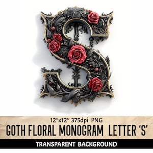 Monograma Floral Gótico Letra Inicial S - Sublimação Scrapbooking Colagem Design Gráfico Junk Journals - Download de arquivo PNG