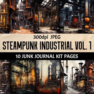 Steampunk Industrial Junk Journal Pages - Digital Scrapbooking Paper Pack, Printable Wall Art, Cards, Collage, Crafts