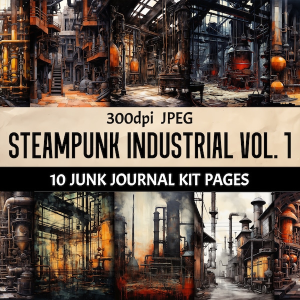 Pages de journal indésirable industriel steampunk - paquet de papier numérique pour scrapbooking, art mural imprimable, cartes, collage, travaux manuels