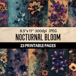 Gothic Midnight Flowers Art | Dark Floral Digital Print | Creative Scrapbooking Decor | Unique Journaling and Wall Art