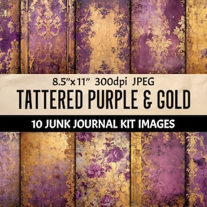 Tattered Purple & Gold Junk Journal Pages Pack of 10 Scrapbooking Digital Paper - Vintage Damask Printable Patterns