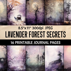 Lavender Mystical Forest Digital Art | Fog-Enshrouded Trees & Eerie Pond House Illustrations | Junk Journal and Scrapbooking Essential