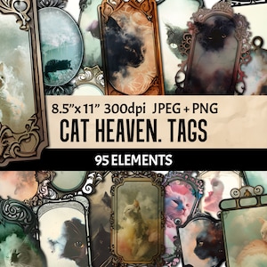Tags for Junk Journal Digital Scrapbooking Embellishments Printable Ephemera - 95 Labels With Cats and Blank - JPEG + PNG