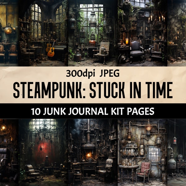 Printable Steampunk Junk Journal Pages - Digital Abandoned Houses Background Scrapbooking Wall Art Cards Collage Crafts