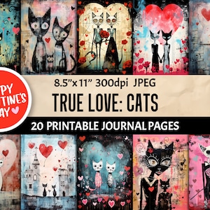 Valentine's Day Romantic Cat Digital Paper Surreal Love Journal Pages Printable Heartfelt Feline Backgrounds Scrapbooking Backdrops Wall Art