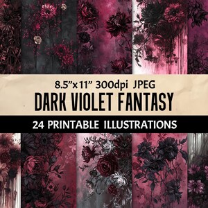 Gothic Blumen Digitale Papiere Dark Violet Floral Fantasy Goth Style Wall Art Junk Journal Scrapbooking Crafting Pack