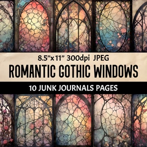 Gothic Stained Glass Style Window - 10 Floral Printable Junk Journal Pages Digital Scrapbooking Papers Cards Collage Crafting