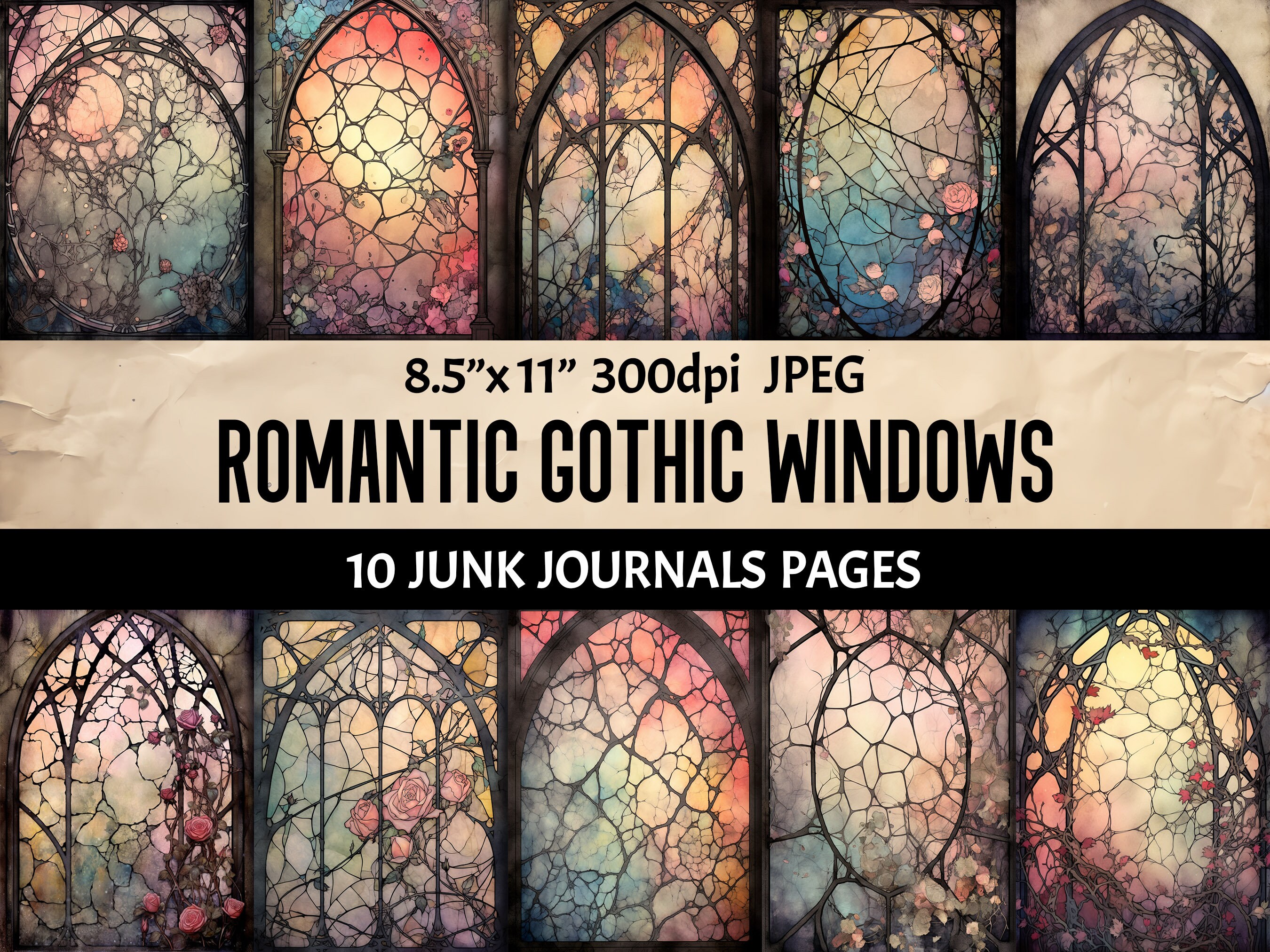 Gothic Stained Glass Style Window - 10 Floral Printable Junk Journal Pages Digital Scrapbooking Papers Cards Collage Crafting