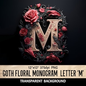 Monograma Floral Gótico Letra Inicial M - Sublimação Scrapbooking Colagem Design Gráfico Junk Journals - Download de arquivo PNG
