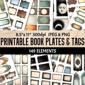 Vintage-Inspired Printable Book Plates Tags & Metal Label Holders Ideal Embellishment for Junk Journal Scrapbooking, Creative Projects + PNG