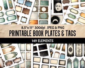 Vintage-Inspired Printable Book Plates Tags & Metal Label Holders Ideal Embellishment for Junk Journal Scrapbooking, Creative Projects + PNG