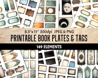 Vintage-Inspired Printable Book Plates Tags & Metal Label Holders Ideal Embellishment for Junk Journal Scrapbooking, Creative Projects + PNG