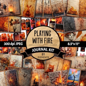Kit stampabile per diario del fuoco Pagine digitali e abbellimenti per collage di scrapbooking e junk journaling