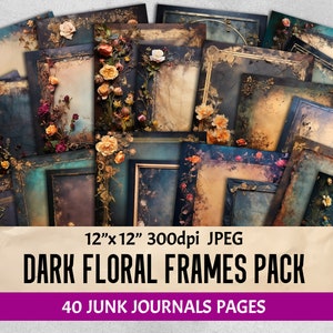 Pacote de molduras florais grunge imprimíveis com 40 papéis digitais escuros para scrapbooking, artesanato, fabricação de cartões de colagem