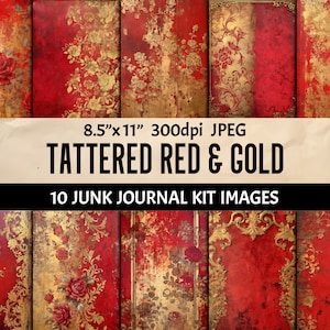 Puede incluir: Diez imágenes digitales para el diario de chatarra, cada una con un fondo rojo y dorado desgastado con un patrón floral. Las imágenes son de 8,5 pulgadas por 11 pulgadas y 300 dpi.