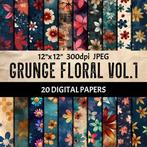 Grunge Floral Digital Paper Set - Vintage naadloze patroon bloemen Commercieel gebruik Instant Download - Scrapbooking Collage Junk Journal Cards