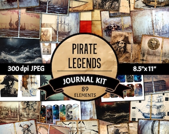 Pirate-Themed Digital Junk Journal Elements - Oceanic Adventures, Sailboats, and Buccaneer Portraits