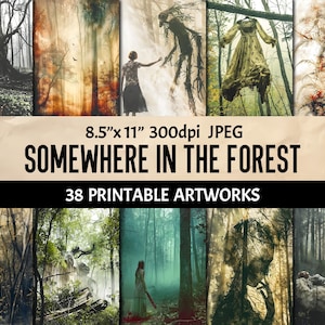 Horror Forest Artwork - 38 carte stampabili digitali in stile retrò per diari spazzatura, scrapbooking, collage, artigianato e decorazioni per la casa